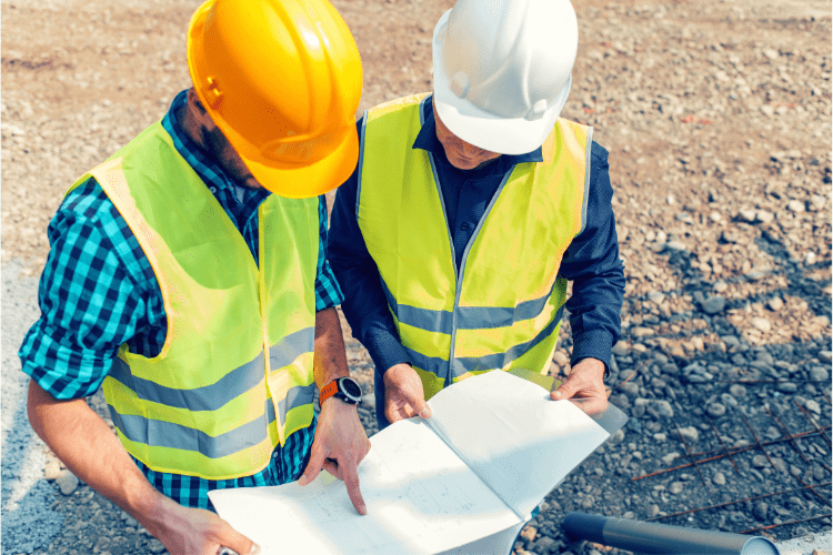 Construction workers, blueprints.