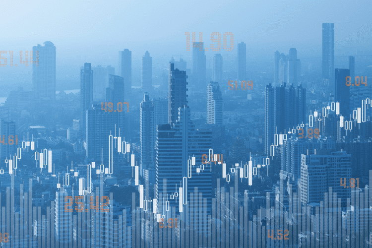 Skyline of a city on a blue background