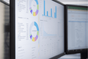 Dual monitors with visual data.