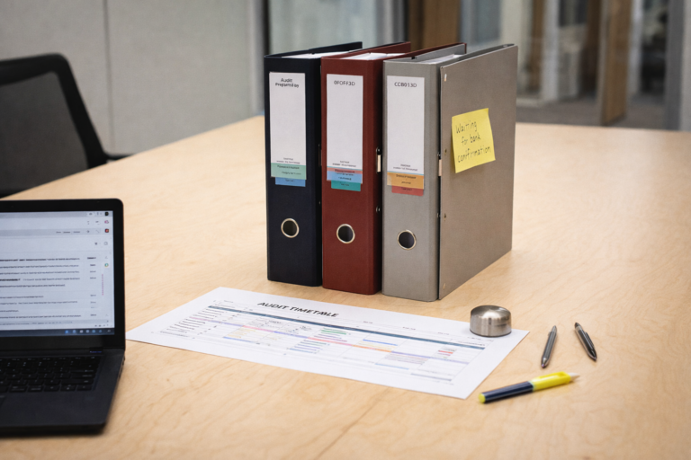 Finance team and audit team collaborating over workpapers during a first statutory audit in the UK