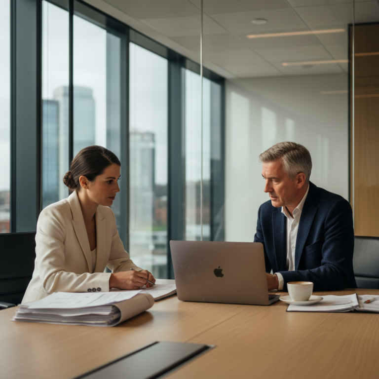 Audit partner and private equity operating partner reviewing portfolio company management pack in a UK boardroom
