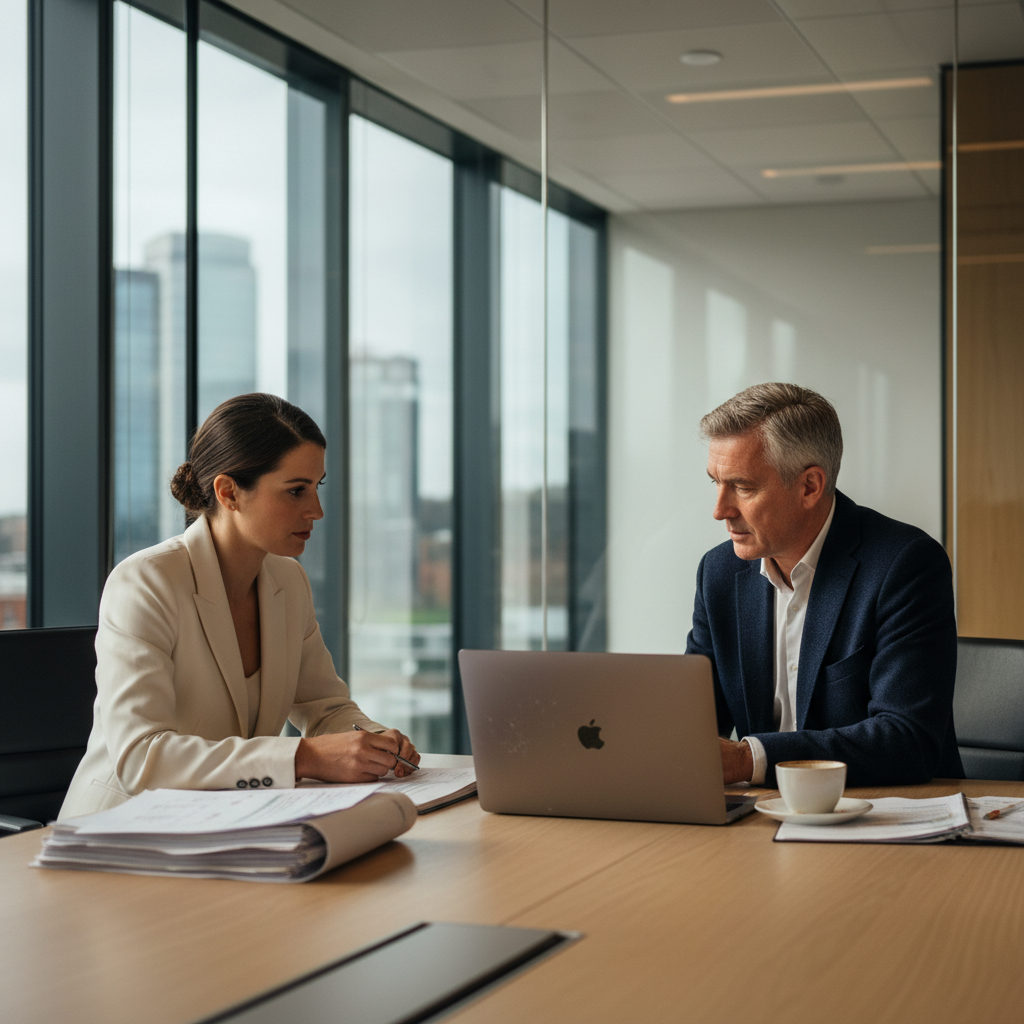 Audit partner and private equity operating partner reviewing portfolio company management pack in a UK boardroom