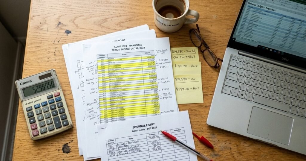 Audit trial balance with highlighted adjustments and corrections