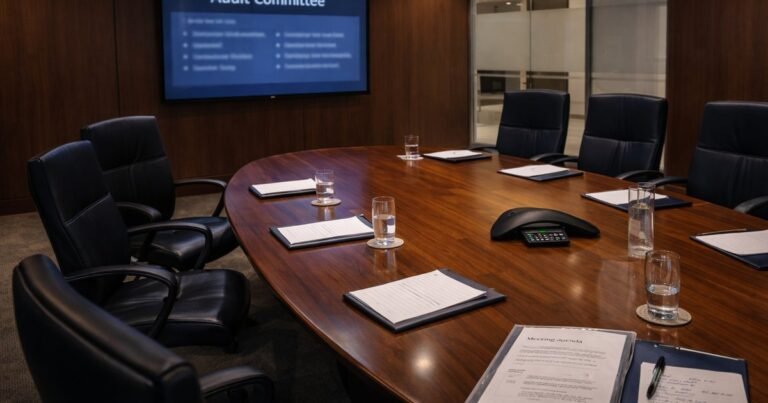Audit committee meeting in a corporate boardroom