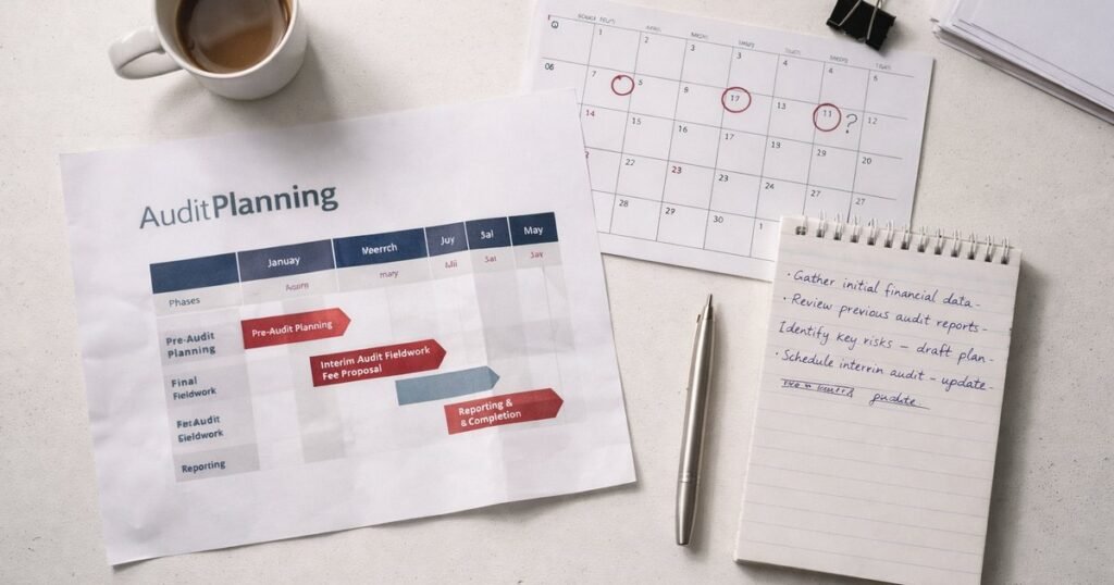 Audit planning timetable and documents laid out for review