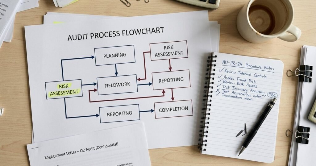 Audit process flowchart and planning documents on a workspace