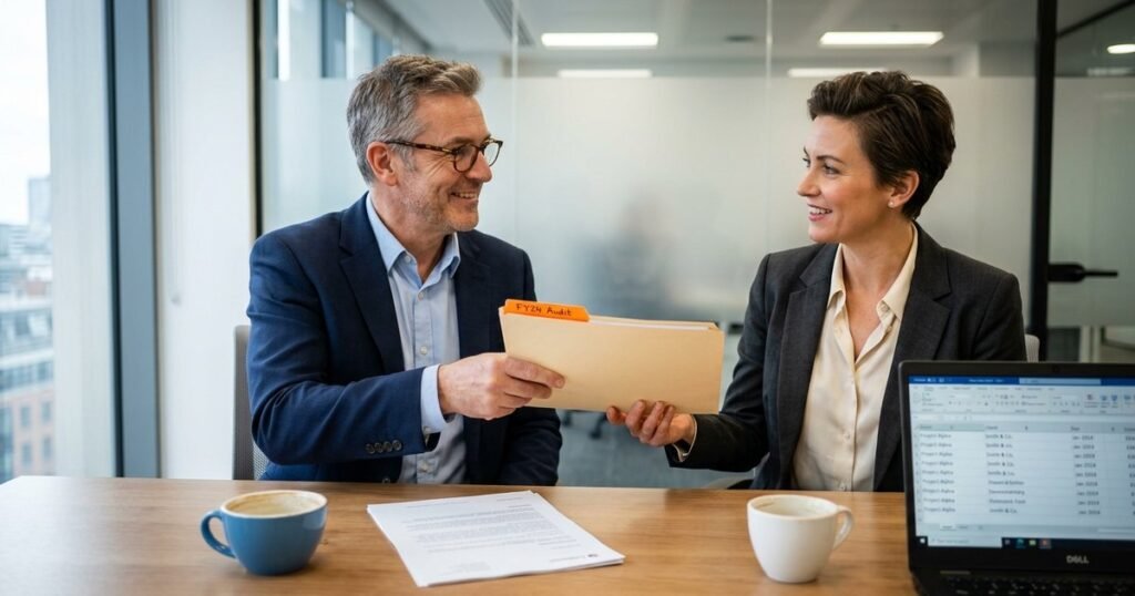 Two accountants discussing audit referral arrangement in a modern office