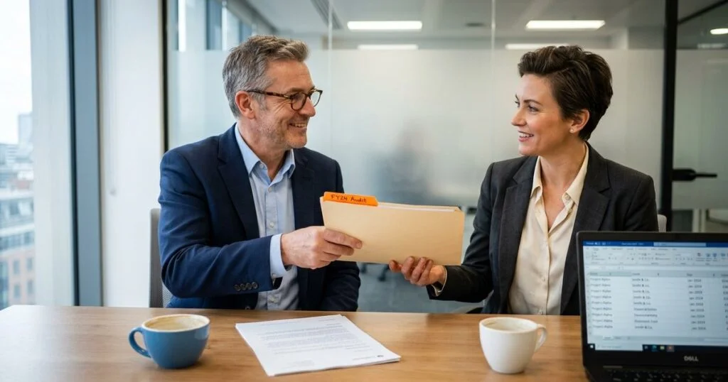 Two accountants discussing audit referral arrangement in a modern office
