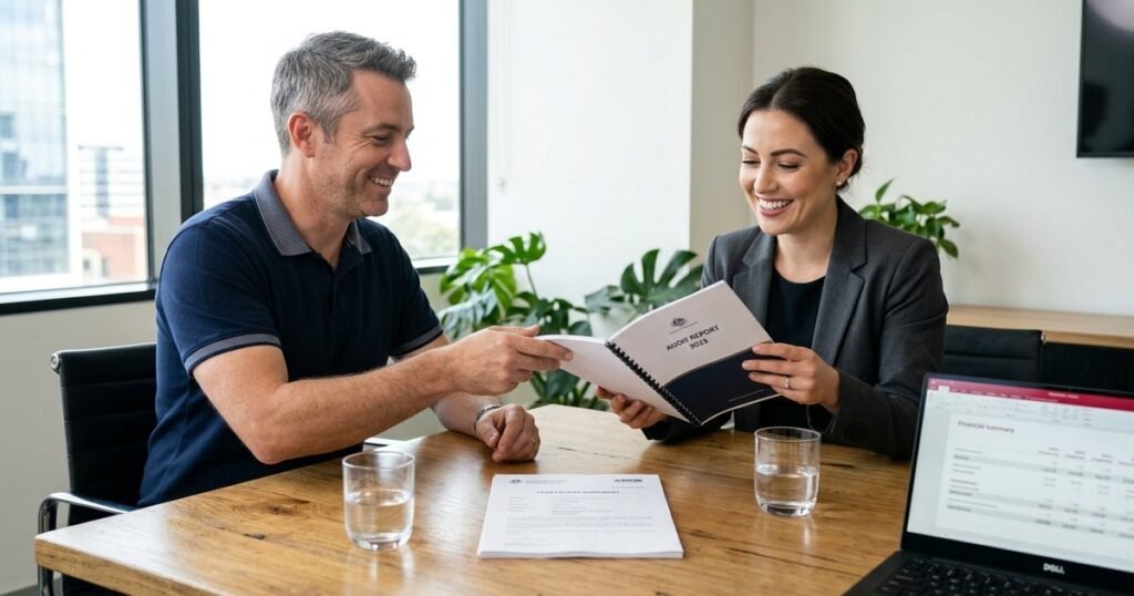 Business owner presenting voluntary audit report to bank for lending purposes