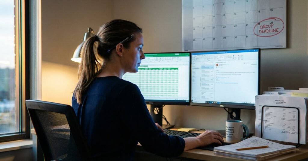 Finance team working to meet a group reporting deadline