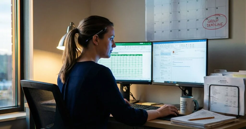 Finance team working to meet a group reporting deadline