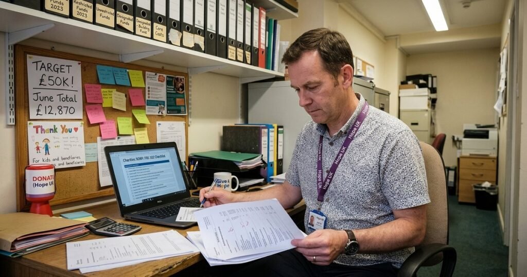 Charity finance officer reviewing SORP compliance and fund accounting