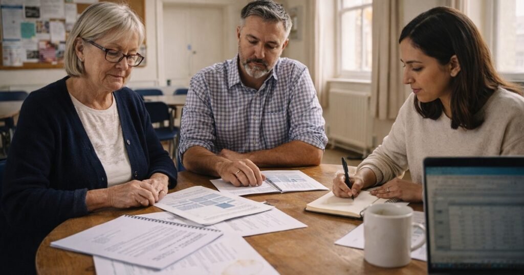 Charity trustees reviewing audited accounts at a board meeting