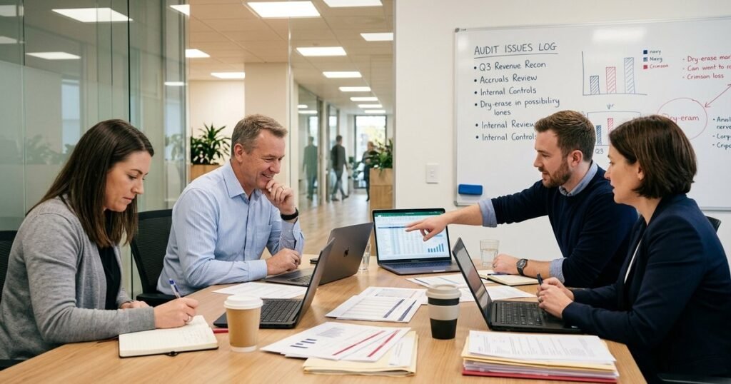 Audit team and client finance team collaborating in a working session