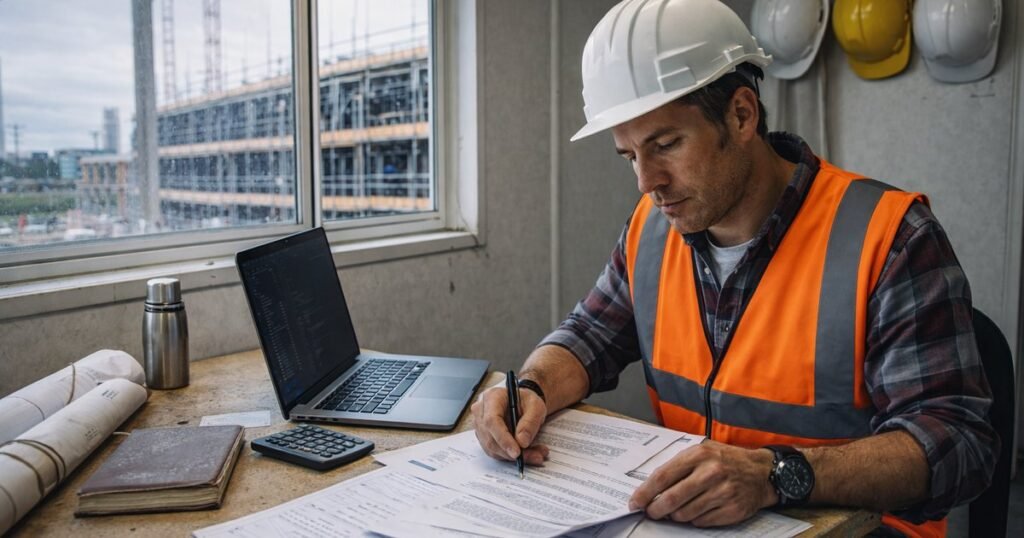 Construction site project manager reviewing plans and financial documents