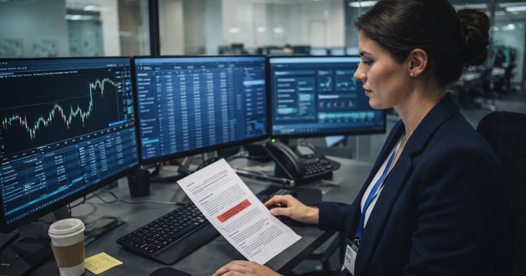 Financial services compliance office with market data screens