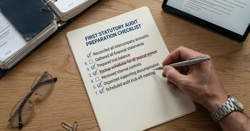 Finance director working through a first statutory audit preparation checklist