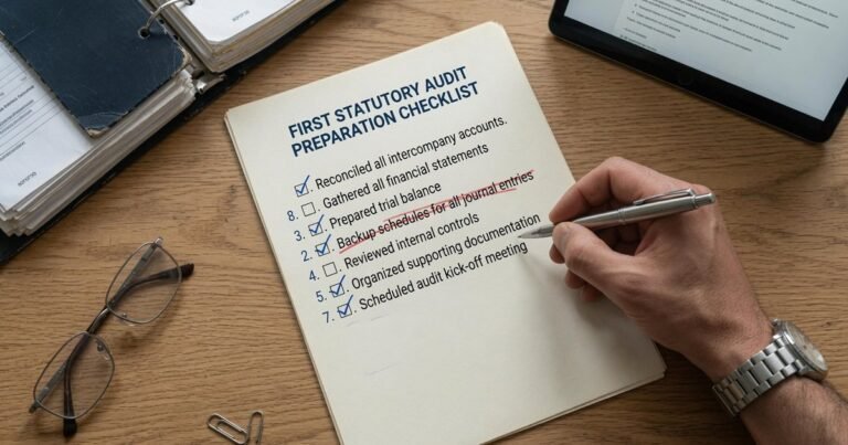 Finance director working through a first statutory audit preparation checklist