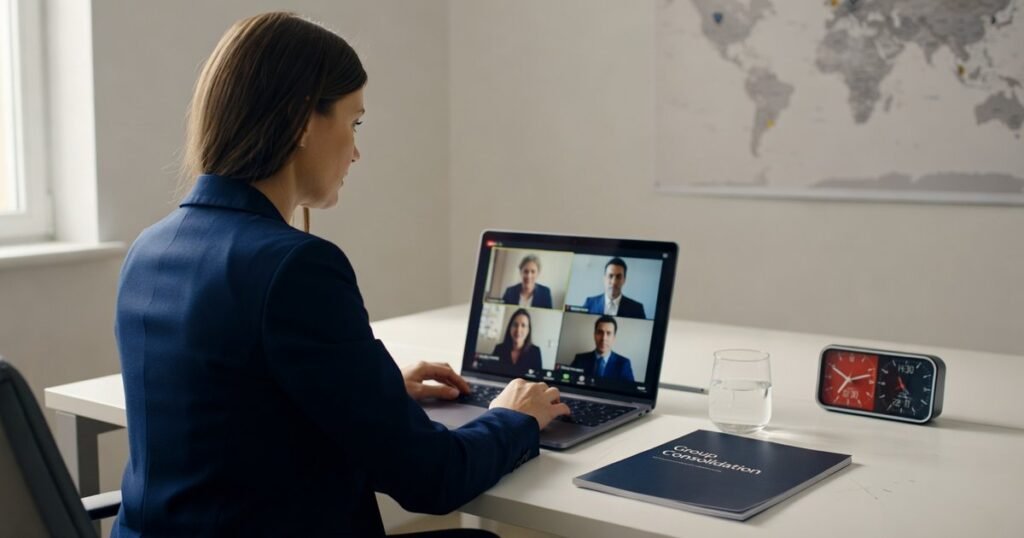 Finance professional on a video call with overseas headquarters