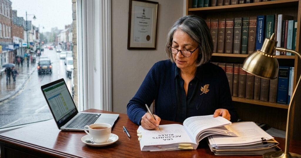 Solicitor reviewing SRA accounts rules and compliance documents