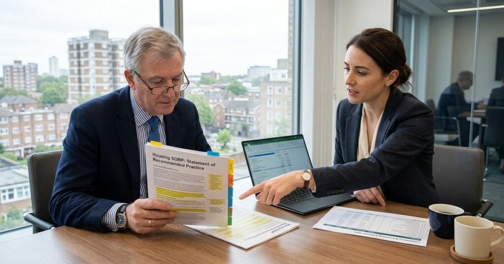 Housing association finance director reviewing Housing SORP with auditor