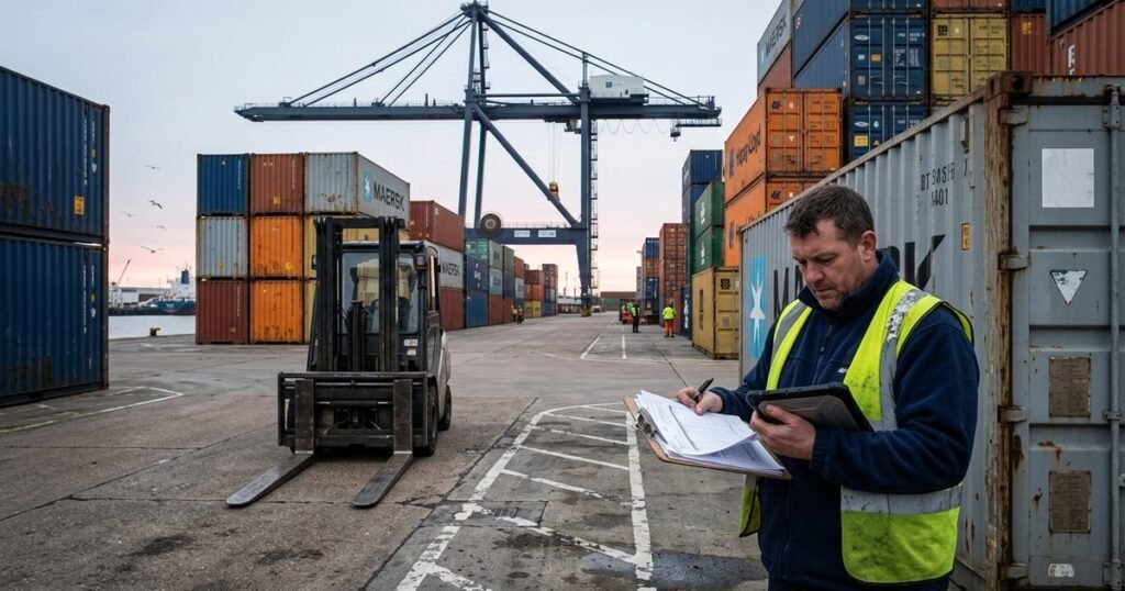International shipping containers at a UK port representing import export audit