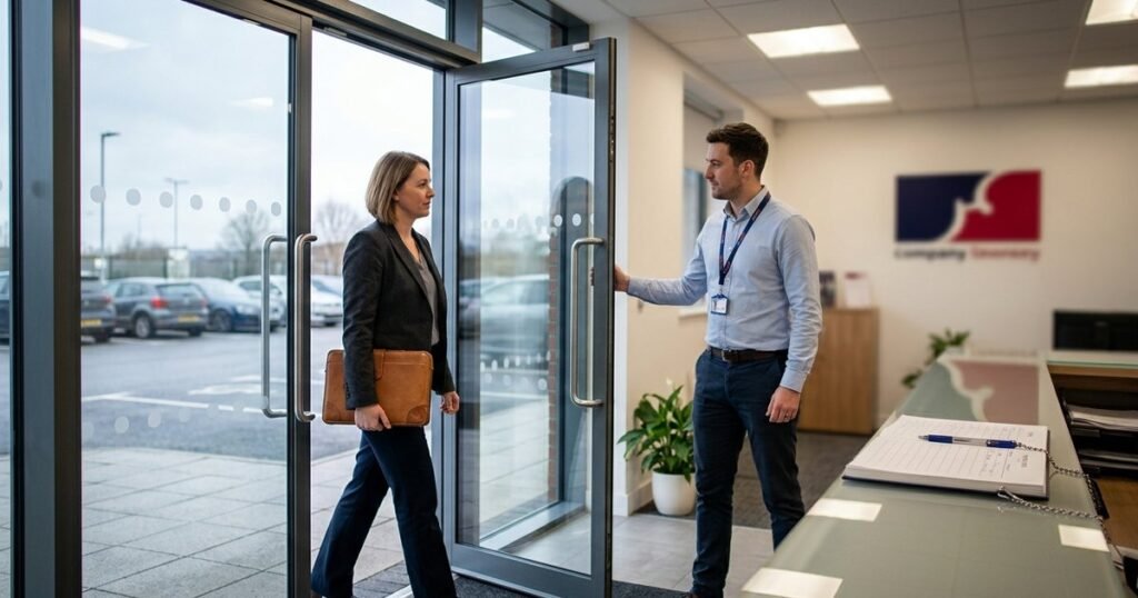 Comparing internal audit at a desk with external auditor arriving at reception