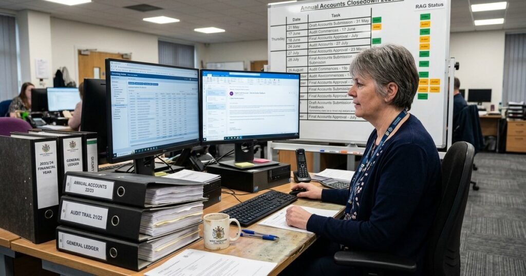 Council finance officer preparing accounts for local government audit