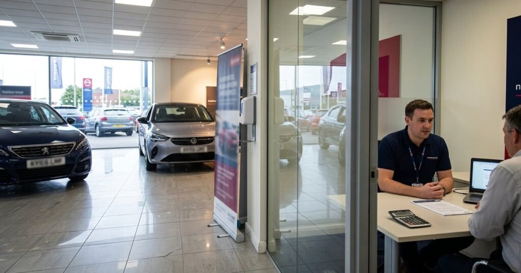 Motor dealership showroom with vehicles and finance office