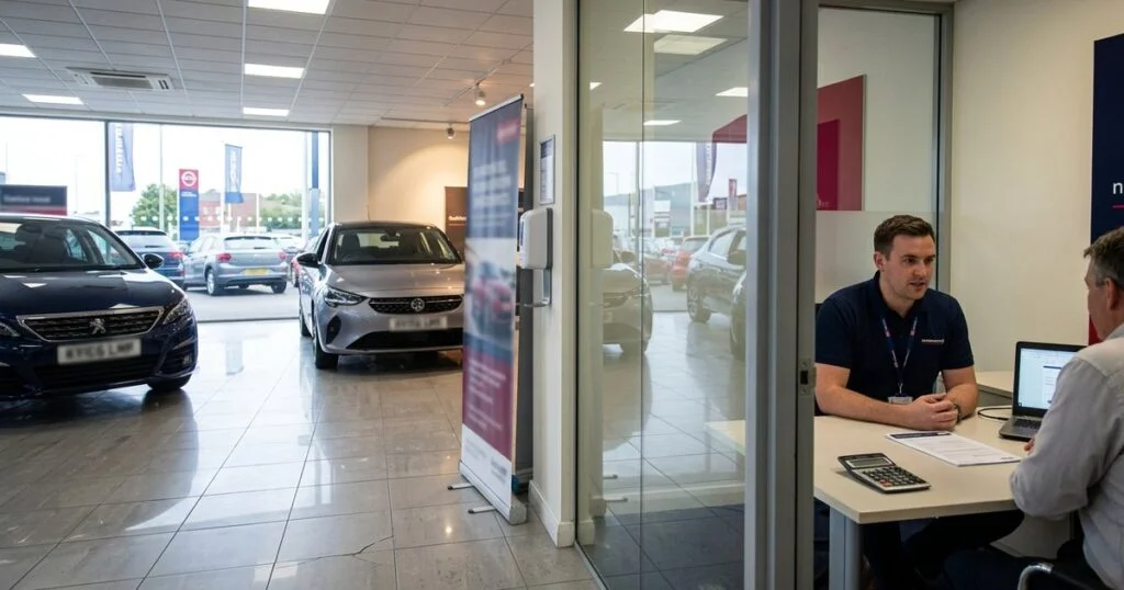 Motor dealership showroom with vehicles and finance office