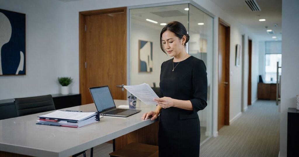 Solicitor reviewing client account records in a modern law firm