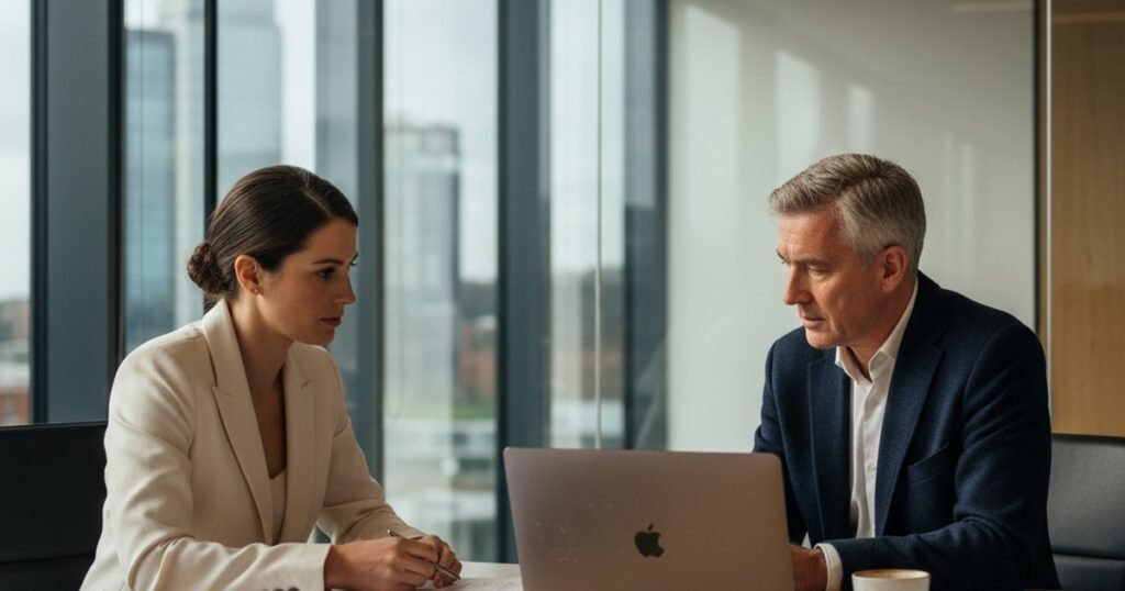 Audit partner reviewing financial statements with a client in a modern office