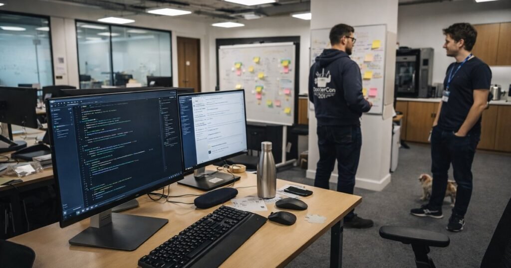 Technology company office with developers and modern workspace