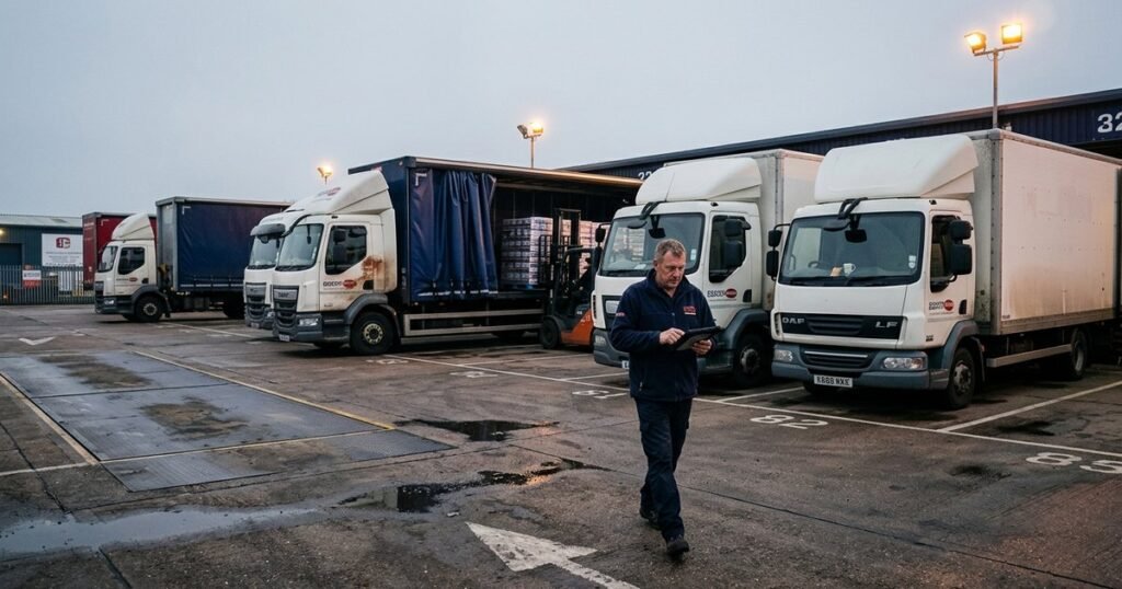 Logistics fleet depot with HGV trucks and transport operations