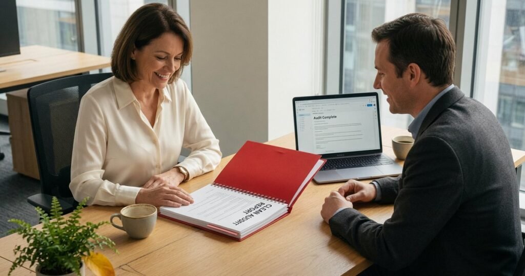 Business owner receiving a clean audit report with satisfaction
